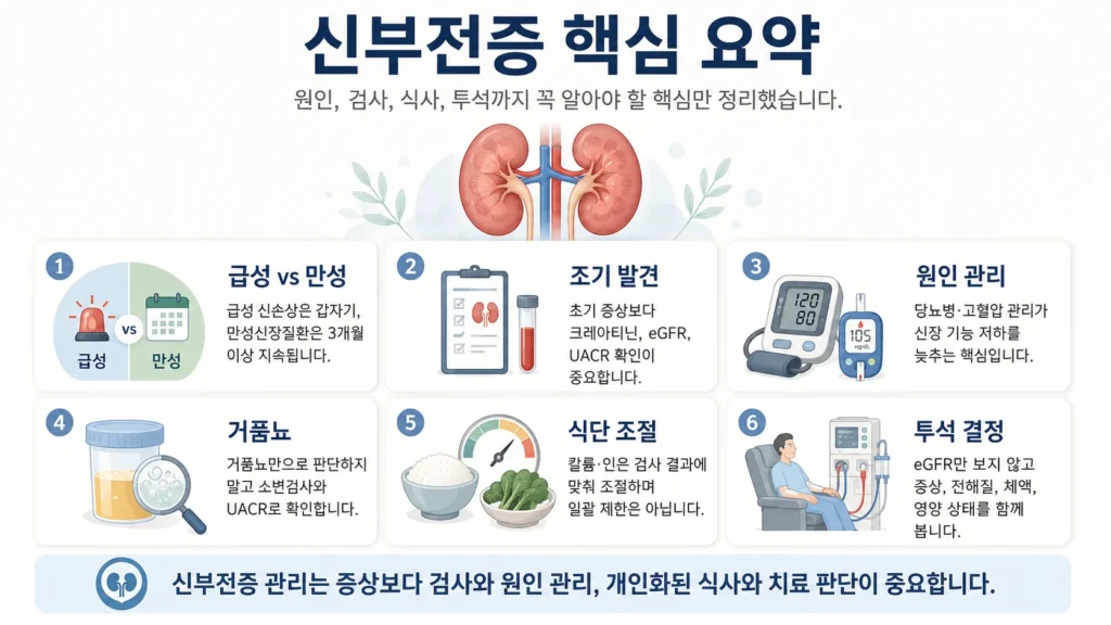 급성·만성 신장질환 구분부터 조기 검사, 원인 관리, 거품뇨 확인, 식사 조절과 투석 결정까지 정리한 신부전증 핵심 요약