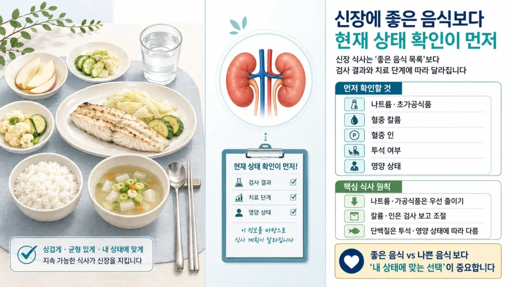 신장질환 식사에서 나트륨과 초가공식품, 혈중 칼륨과 인, 투석 여부와 영양 상태를 확인해 식사를 조절하는 원칙 요약
