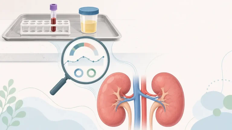 혈액검사와 소변검사, 분석 그래픽과 신장을 함께 표현한 신장 기능 검사 일러스트